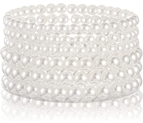 HICARER 6 Stücke Faux Perlen Armband Set Strecken Armbänder Braut Tanzen Party Schmuck für Frauen Mädchen (Weiß)