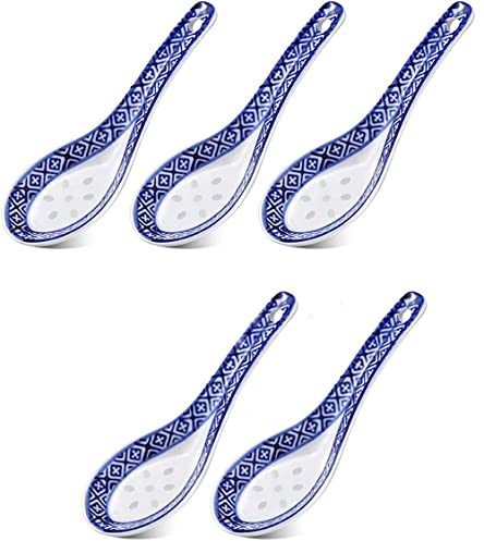 LATRAT 5 cucharas de sopa de porcelana de cerámica, estilo asiático, aptas para lavavajillas, cubiertos para aperitivos