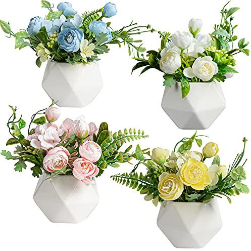 XONOR Juego de 4 flores artificiales en maceta, mini flores de camelia de seda falsas en jarrón de cerámica para el hogar, boda, fiesta, oficina, patio, decoración de mesa
