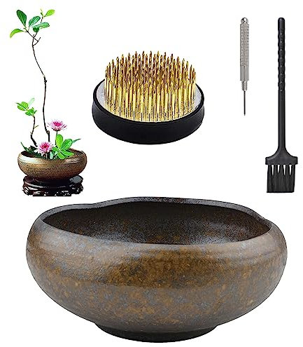 CRAFFANCY Blumenarrangement-Set, Ikebana Schale Japanisch Vase Kamel-Keramik-Übertopf mit 5 cm Kenzan-Blume, Frosch, Keramik, Blumenarrangement, Nadelhalter für Heimdekoration