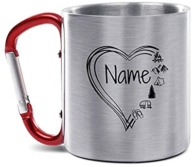 Tassendruck Karabiner Edelstahltasse - mit Herz-Motiv - mit Name selbst gestalten - Geschenk für Camper, Campingtasse, Outdoortasse, Geburtstagsgeschenk, 280 ml I Personalisiert