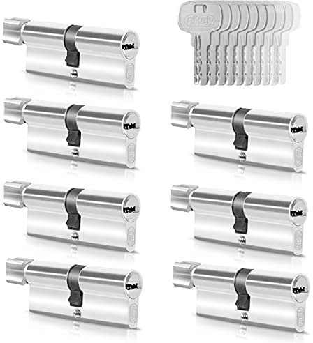 GERCAR Lot de 7 cylindres à bouton à fermeture identique, 3 cylindres de serrure 30/30, avec 35 clés - Serrures de porte à cylindre débrayable - Longueur : 60 mm - A : 30, B : 30