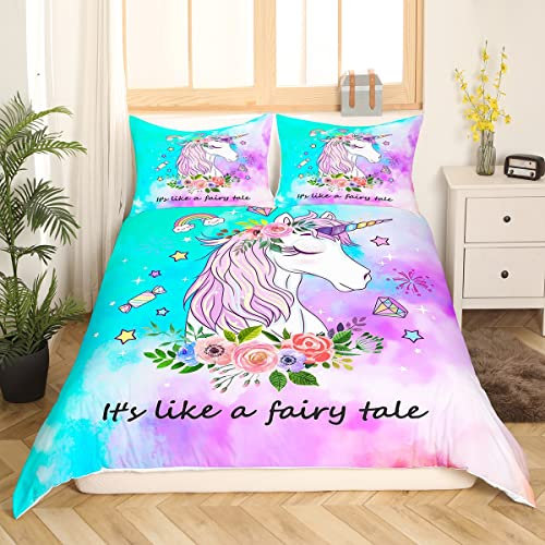 Einhorn Bettbezug 155x220 Mädchen Prinzessin Schlafzimmer Dekor Kawaii Regenbogen Einhorn Bettwäsche Set Cartoon Funkelnde Sterne Bettbezug Süßes Liebes Herz Muster Rosa Bettbezug mit 2 Kissenbezüge