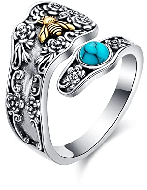 HUKKUN Spoon Ring Sterling Silver Chunky Gold Bee Rings for Women Adjustable Turquoise Ring