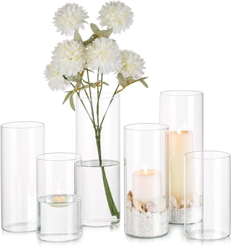 Glasseam Lot de 6 vases cylindriques en verre transparent pour décoration de table de mariage, bougies piliers, décoration de table (15/20/25 cm)