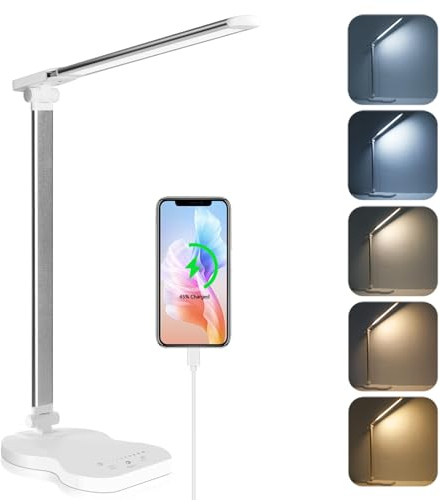 rigors Lámpara LED Escritorio, 5 Modos &10 Niveles de Brillo Cuidado Ocular Lampara de Estudio,Flexo de Escritorio con Puerto USB de Carga, FuncióN de Memoria, Temporizador de 45 Minutos (Blanco)