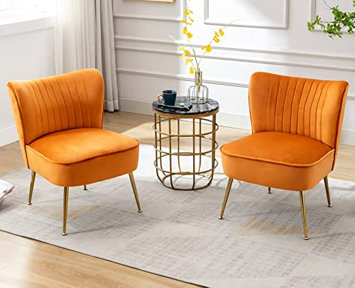 Wahson Samt Sessel Wohnzimmer 2er Set moderner Loungesessel Geplosterter Ohrensessel mit goldenen Metallbeine für Wohnzimmer/Schlafzimmer, Orange