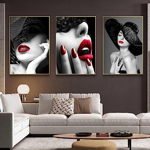 ATHFIN Schöne Frau, rote Lippen, schwarzer Hut, roter Nagellack, abstrakte Poster, Leinwandgemälde, Wandkunst, Bilder, Wohnzimmerdekoration, 40 x 60 x 3 cm, rahmenlos