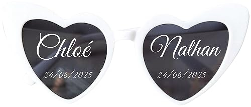 Happenings Herzförmige Brille mit Worten – individueller Text – personalisierte Brillenaufkleber – Name, Datum usw. Perfekt für Hochzeit, Junggesellinnenabschied, Party, Firmen-Gadget (Weiss)