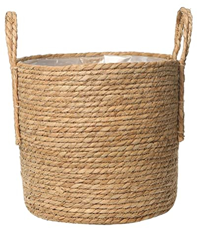 ABOOFAN Seagrass Flower Pot Basket 25cm Woven Planter Basket Rustic Farmhouse Plant Pot with Liner Indoor House Flowerpot Cover for Boho Home Decor