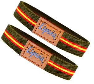 Only faith Pulsera Bandera España Pulsera de Cuero piel genuino Hombre Acero inoxidable Ajustable Bandera Paracord Amarillo y rojo negro Regalo para Hombre (Elástica 2 España Verde)