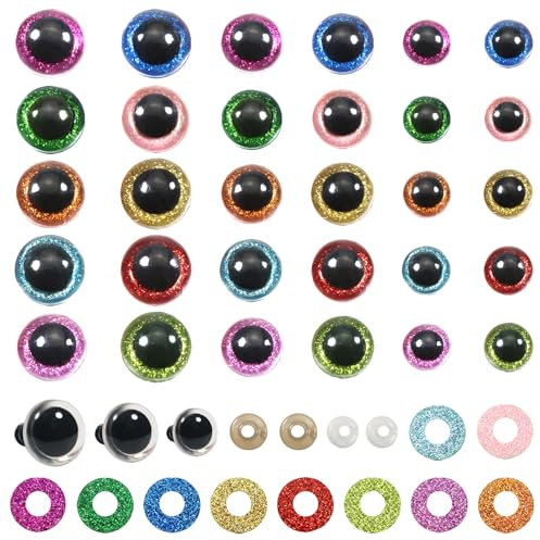 TOAOB 60 Stück Puppenaugen Sicherheitsaugen Glitzer 10mm bis 14mm Kunststoff Basteln Augen Bunt Knopfaugen mit Unterlegscheiben für Häkeltiere Puppe Marionette Plüschtier Teddyaugen