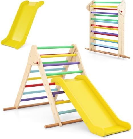 GOPLUS 3 in 1 Kinder Kletterdreieck-Set, Dreieck-Kletterspielzeug mit doppelseitiger Rampe, Klettergerüst Holz zum Rutschen und Klettern, Kletterspielzeug für Kinder ab 1 Jahr, bis 60kg (Bunt)