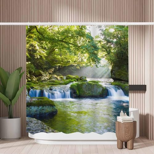 Woutay Shower Curtain Mould Proof Resistant River,Water Repellant Fabric,Polyester,with 12 Plastic Hooks,Size 180x180CM