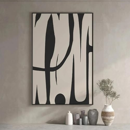 KDXAOBEI Beige und schwarzes abstraktes Gemälde, Druck auf Leinwand, minimalistisches Wanddekor-Poster für Wohnzimmer, elegante Heimdekoration, 50 x 70 cm (20 x 28 Zoll) mit schwarzem Rahmen