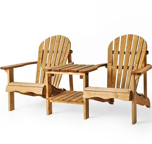 Amata Double Adirondack Stuhl mit Tisch für Draußen, UNGURS Collection - Komfort für Zwei - Wetterfester Holzstuhl für Terrasse, Hinterhof und Garten Feuerstellen - Ergonomisch und Langlebig (Braun)