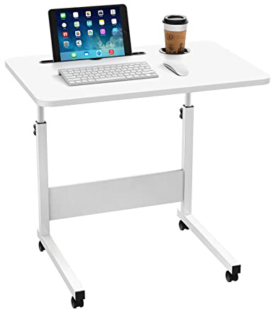 ARunThLana Table d'ordinateur 60x40cm, Bois, Bureau réglable en Hauteur 62-85cm, avec Porte-Tasse et roulettes, pour Chambre, Bureau, canapé,Blanc