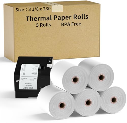 CLASSY Thermopapier, 9,5 x 70,1 m, 5 Rollen Quittungspapier für Registrierkassen, Drucker, Geldautomaten, kompatibel mit einer Vielzahl von POS-Systemen für kleine Unternehmen