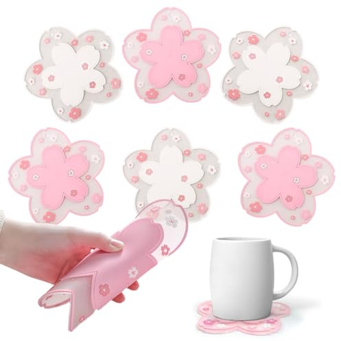 NiceForU Kawaii - Juego de 6 manteles individuales para taza de café, posavasos antideslizantes resistentes al calor para cocina, mesa de comedor y hogar (PVC blanco 3+rosa 3, 4.5 pulgadas)