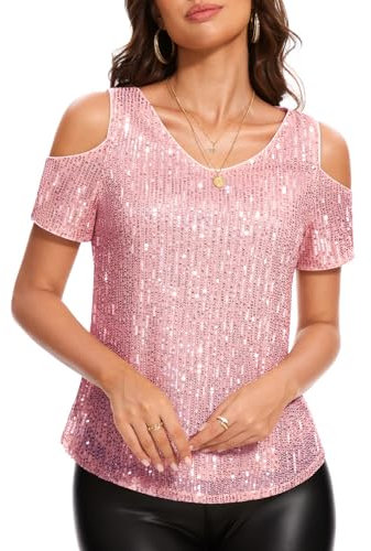 DRESSTELLS Pailletten Oberteil Damen Rosa Glitzer Shirt Schulterfreies Metallic Top Elegant Festliche Blusen Sommer Party Outfit Pink XL