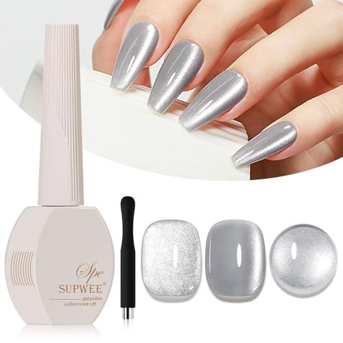 SUPWEE Cat Eye Gel Nail Polish 15ML Silver Gel Nail Polish Cat Eye Gels With Magnet Soak Off UV LED Lamp Holographic Glitter Magnetic Gels for Nail Nail Art Manicure Salon