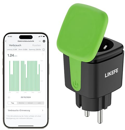 LIKEFE Intelligente Steckdose, Stromverbrauch & Stromkosten überwachen, IP44 Wasserdichte Smarte Außensteckdose, WLAN Steckdose mit Zeitschaltuhr, App Fernsteuerung & Sprachsteuerung, 2.4GHz