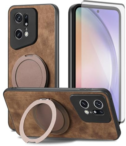 Asuwish Compatible with OPPO Find X5 Pro Phone Case and Tempered Glass Screen Protector With Ring Holder Stand Kickstand Silicone Slim Shockproof Protective Hard FindX5Pro 5G Cover for Women Men Brown