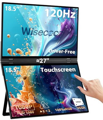 wisecoco 18,5-Zoll 120Hz FHD 1080P-Touchscreen-Dual-Triple-Portabler Monitor IPS USB-C HDMI HDR-Zweitbildschirm Klappbar Laptop-PC-Spielmonitor 100% sRGB Windows Mac Android Plug & Play Flip S8+