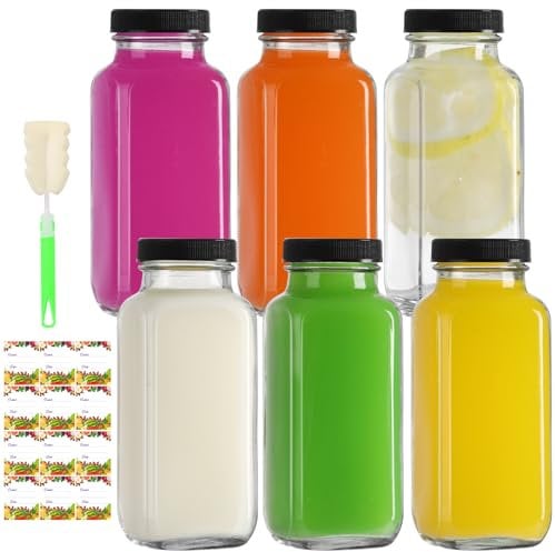 EkkoVla 6 Pack 250ml Glass Juice Bottles with Lids, 8 oz Reusable Beverages Drinking Jars, Juicing Bottles for Smoothies, Homemade Beverages, Milk, Hot Cold Drinks, Kombucha