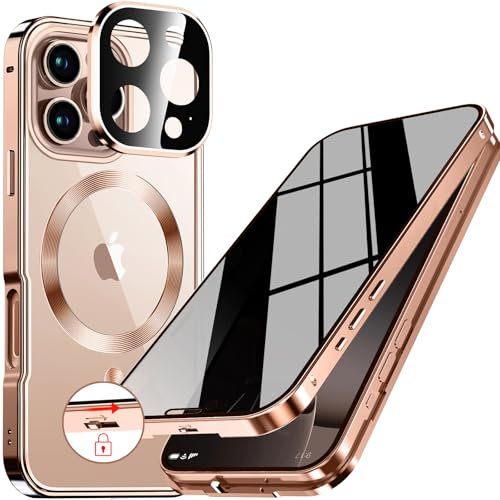 [CD-Metallring & Sicherheitsschloss] Magnetische 360 Grad Ganzkörper Sichtschutzhülle für iPhone 16 Pro Max [Integrierter Linsenschutz] Hülle mit Integriertem 9H-Glasbildschirm, – Titan Wüstensand