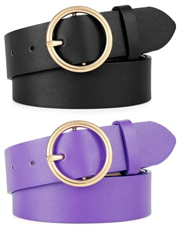 WERFORU 2 Stücke Frauen Ledergürtel für Jeans Hosen Mode Damen Leder Gürtel mit Gold O-Ring Schnalle Schwarz/Lila