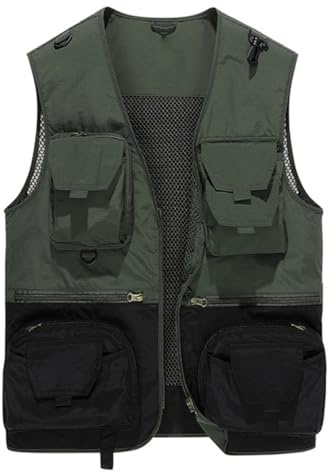 YOUTHUP Men's Fishing Vest Outdoor Summer Utility Work Safari Vests Multi Pocket Hunting Travel Photo Gilet, Army Green, XL