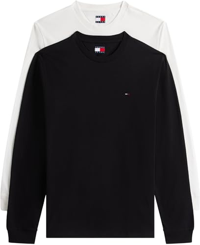 Tommy Jeans Herren 2er Pack Langarmshirts Slim mit Rundhalsausschnitt, Weiß (Ecru/Black), XXL