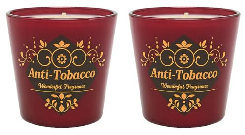 Dekohelden24 2er Set Duftkerze Anti-Tobacco, Anti -Tabak-Kerze, Aromakerze Anti-Tobacco, Kerze im Glas Anti-Tobacco, 30h Brenndauer, Windlichtglas, Weinrot, 115g, Ø 9cm, Höhe 8cm.