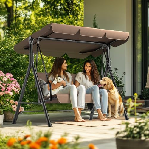 Kidsgigglz Gartenschaukel Hollywoodschaukel 3-Sitzer mit Verstellbarem Sonnendach｜Schaukelbank Ergonomisches Wetterfest｜Gartenliege Schaukelbank Ideal für Garten und Terrasse, einfache Montage｜Beige