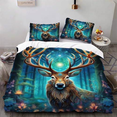 ZHDEDSP Mystischer Hirsch Bettwäsche-Set, 2-teilig, Mikrofaser, Türkis-Braun, Waldmotiv mit Leuchtendem Design, Bettbezug 155x220 mit 1 Kissenbezügen 80x80 cm