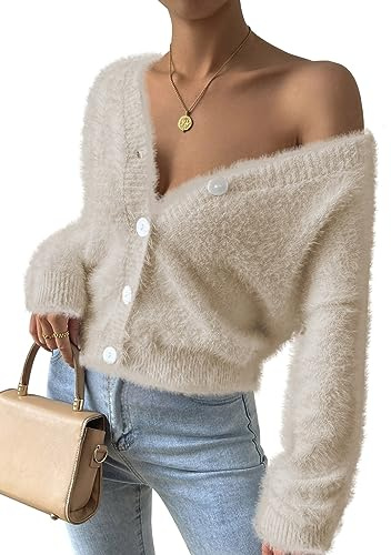 Pink Queen Damen Cropped Pullover Top Langarm V-Ausschnitt lockere Pelzige Strickjacke Offen Knopfleiste Kurz Elfenbein M