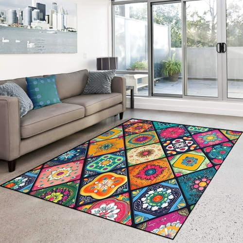 HOSIMA Weiche Bodenmatte, Bohemian-Print, Schlafzimmer, rutschfeste, Kurzflorige, Flauschig, Waschbar