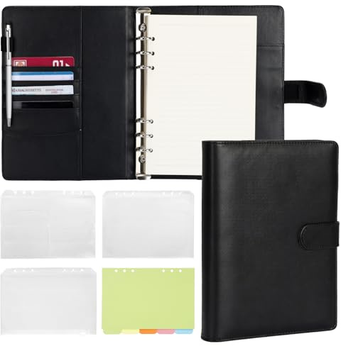 FYY A5 Ringbuch - 6 Ringe PU Leder Loose Leaf A5 Ringbinder mit 100GSM Nachfüllpapier, Binder Taschen, Thementeiler, Reisebinder Journal Persönlicher Planer-Schwarz