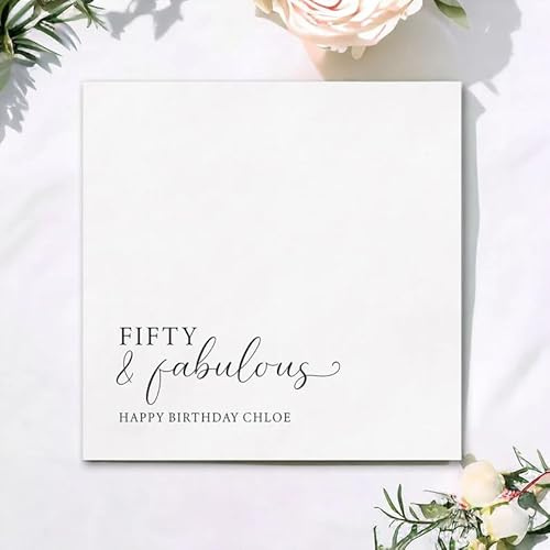 Party-Servietten zum 50. Geburtstag – individuelle Monogramm-Papierserviette mit Alter und Name, personalisierte weiße Geburtstagsserviette, individuelles Cocktail-Getränkepapier, Geschirr-Party-Dekor