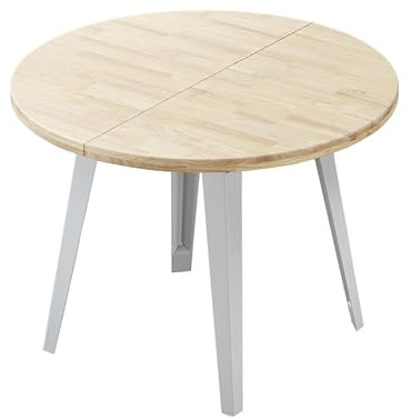 Home Heavenly® - Mesa Comedor Redonda Extensible Estilo Industrial BERGI. Mesa de 100 cm diámetro. 2 tramos extensión hasta 180 Color Roble Patas Blancas
