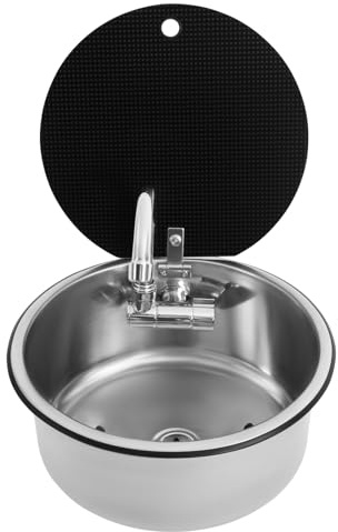 Gdetnysty Edelstahl SpüLe 340Mm Rundform FüR Wohnmobile Mit Klappbarem Wasserhahn 304 Edelstahl GebüRstet Inklusive Glasabdeckung Und Ablauf FüR Camper Van Und Yacht Badezimmer KüChe Platzsparend Arma
