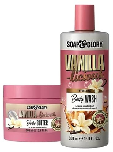 Soap & Glory Vanilla-licious Body Butter and Body Wash Set, Vanilla & Warm Caramel Scent, 300ml Butter, 500ml Wash, Moisturising, Cleansing