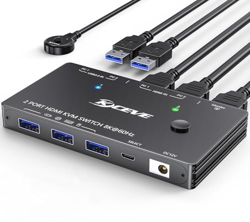 8K HDMI KVM Switch 2 PC 1 Monitor 8K@60Hz, 2 IN 1 OUT USB 3.0 KVM Switches | for 2 computers share Keyboard/Mouse/Hard Drives/Printer and 1 Monitor, 2 Port KVM Switch with Wired Remote and power adapter