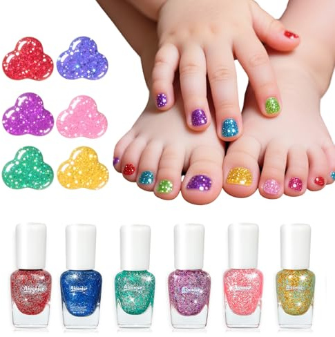 Aieenjor Nagellack Kinder Glitzer Set, 6 Farben kindernagellack ab 3 4 5 6 7 jahre ungiftig, wasserlöslich & Abziehbar, Nageldesign Set Für Mädchen