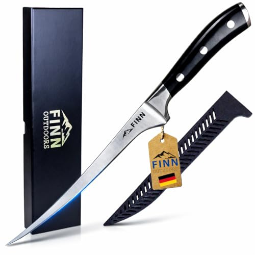 FINN Outdoors® Premium Filetiermesser 18,5 cm – Flexibles Edelstahl Fischmesser mit Klingenschutz – Filiermesser für Fisch & Fleisch – Angelmesser mit ergonomischem ABS Griff – Geschenkidee