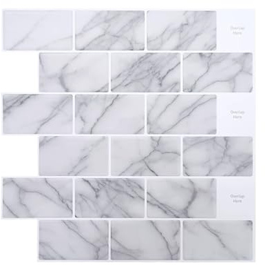 Teenpull Carreau métro Autocollant marbre Blanc 30 x 30 cm 20 pcs adhésif décor Mural Cuisine Salle de Bain Motif Design Facile à Nettoyer et découper