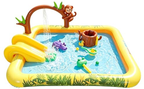 Aufblasbarer Kinderpool mit Rutsche Lustige Dschungeltier-Aufblasspielzeuge | Planschbecken für Kinder für Hinterhof, Garten, Rasen, Terrasse, , Park, Urlaub, Haus, Schule