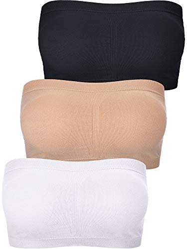 Women's Seamless Bandeau Tube Top Bra - Padded, Strapless, No Wire (Black, White, Nude; Large)