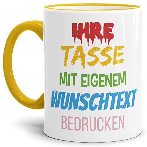 Tasse selbst gestalten/mit eigenem Text beschriften/Wunsch-Name/Spruch-Tasse/Rand & Henkel Gelb/Motiv für Rechtshänder sichtbar